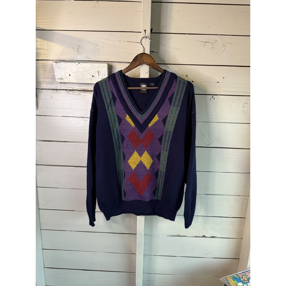 Vintage Jed Wear Mens Argyle Geometric V-Neck Knit Sweater Navy Blue Large
